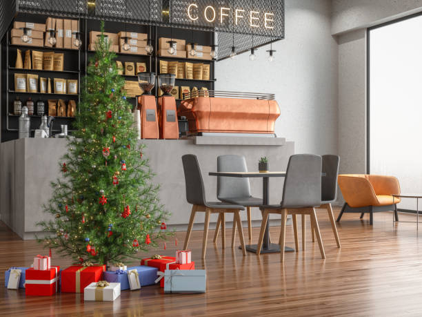 istock Christmas tree with presents in Coffee Shop 1154914380