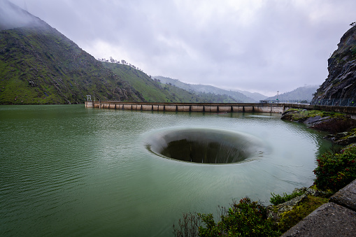 The glory hole is an overflow of Lake Berryessa that occurs when the water level is beyond a particular height in the reservoir.