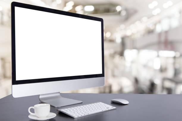 istock Computer Keyboard and mouse with desk on the table, Workspace with blank screen coffee 1154916383