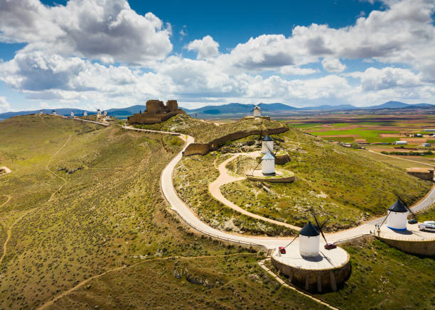 Aerial view of windmills of Consuegra in Castilla-La Mancha, Spain
