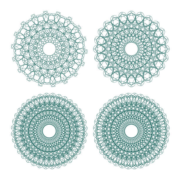 벡터 기로 쉐로 제트 세트 - guilloche pattern circle four objects stock illustrations