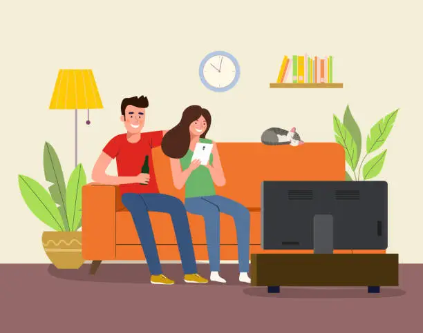 Vector illustration of Young woman, man and cat  sitting on sofa and watching TV in the living room. Vector flat style illustration