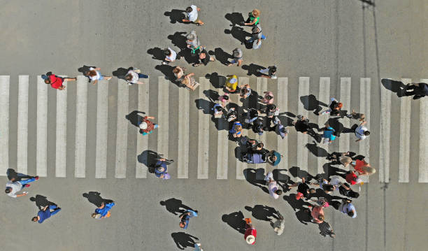 istock Aerial. People crowd on pedestrian crosswalk. Top view. 1154920848