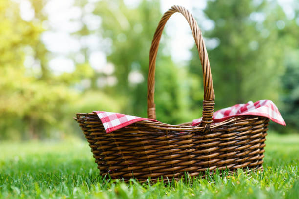 istock Empty picnic basket on green sunny lawn. 1154922097