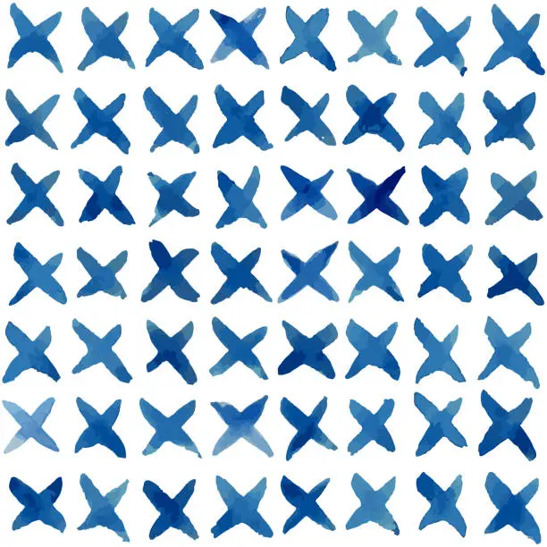 Vector illustration of Blue ink hand drawn crosses. Seamless vector pattern