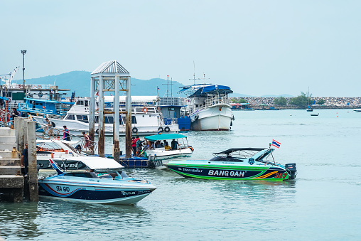 Rayong, Thailand - May, 10, 2019 : View of Ban Phe Municipality Pier Across the pier to visit Koh Samet.Rayong, Thailand