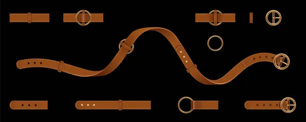 Vector illustration of Set of isolated man and woman leather or lethern belt. Clasp and chain, tassel and metallic ring straps, metal buckle or cuff for male and female clothing accessories. Fashion and uniform, cloth