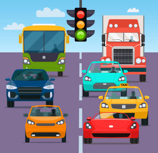 ilustrações de stock, clip art, desenhos animados e ícones de traffic jam rom different cars. vector flat style  illustration - traffic jam traffic sports utility vehicle car