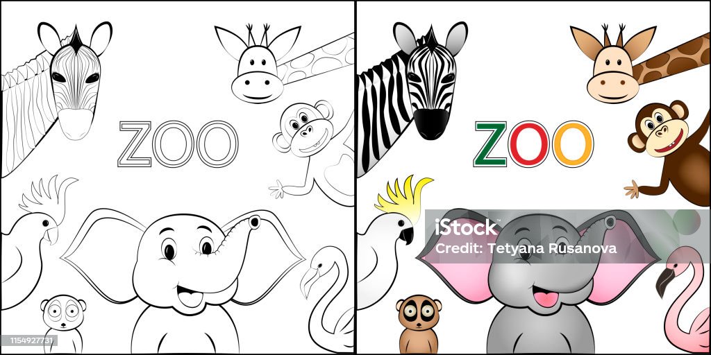 Ilustración de Libro Para Colorear Diferentes Animales Salvajes De Dibujos  Animados Felices Se Encuentran Alrededor Del Espacio Para El Texto Aislado  En Una Ilustración De Vector Cuadrado De Fondo Blanco y más