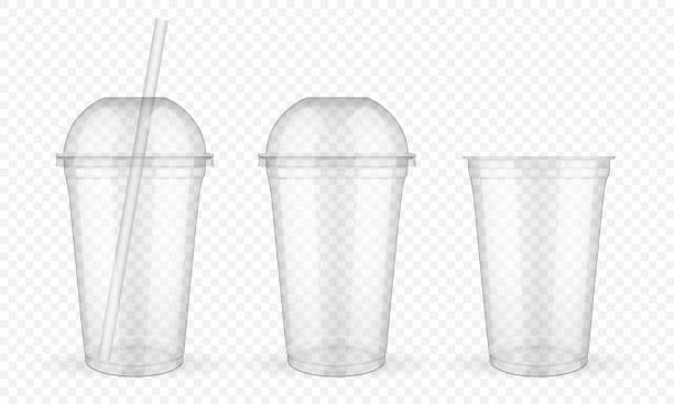 stockillustraties, clipart, cartoons en iconen met lege transparante plastic cups met stro op witte achtergrond vector mock up - wegwerpbeker