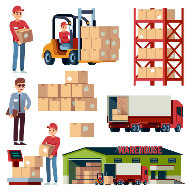 ilustrações de stock, clip art, desenhos animados e ícones de warehouse flat elements. logistic transportation and forklift, delivery cargo truck. loader with boxes isolated vector cartoon set - distribution warehouse illustrations