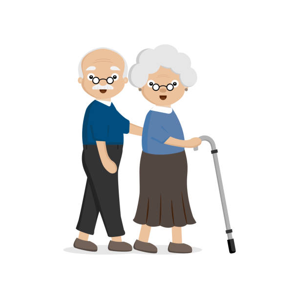 ilustraciones, imágenes clip art, dibujos animados e iconos de stock de pareja de ancianos mayores. anciano ayudando a una anciana con bastón. - senior couple isolated white background standing