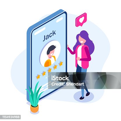 istock Online dating concept. Young girl evaluates the profile of a guy in a social network or application for dating. Five stars. Vector isometric 3d illustration. 1154934988