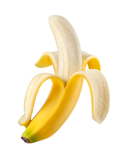 plátano pelado sobre fondo blanco. foto con trazado de recorte. - plátano fruta tropical fotos fotografías e imágenes de stock