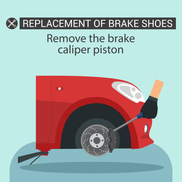 ilustrações, clipart, desenhos animados e ícones de substituição de sapatas de freio. pistão do compasso de calibre do freio. - car workshop service expertise