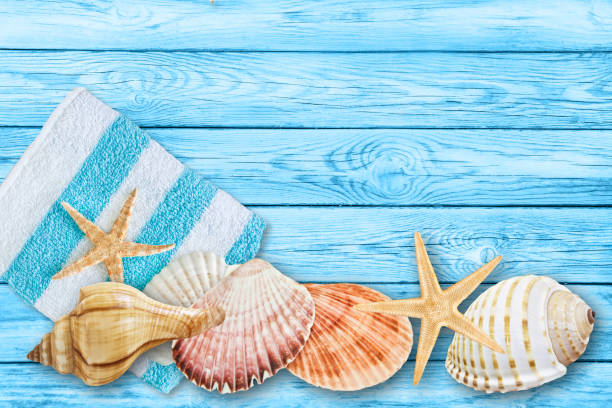 istock Beach decoration against wooden background 1154936640