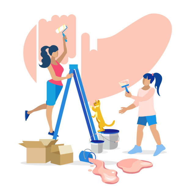 Mother, Daughter and Home Renovation Illustration Mother, Daughter and Home Renovation Flat Illustration. Girl Helps Mom to Paint Walls. Cat Trying Climb up by Ladder. Open Cardboard and Spilled out Paintings. Vector Isolated Illustration girl climbing ladder stock illustrations