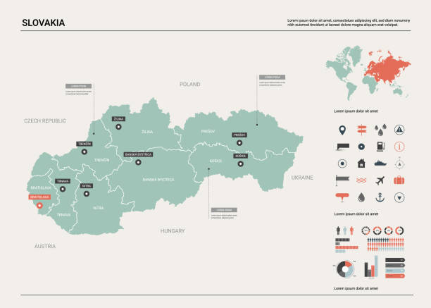 슬로바키아의 벡터 지도입니다. 디비전, 도시 및 자본 브라티슬라바와 국가 지도. 정치 지도, 세계 지도, 인포 그래픽 요소. - slovakia stock illustrations