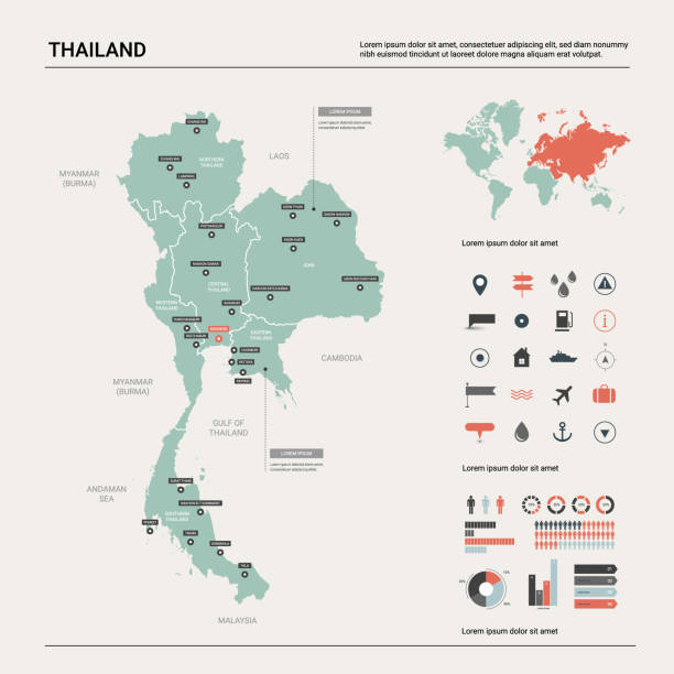 ilustraciones, imágenes clip art, dibujos animados e iconos de stock de mapa vectorial de tailandia. mapa de país con división, ciudades y capital bangkok. mapa político, mapa del mundo, elementos infográficos. - thailand