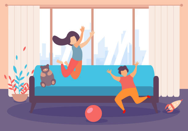 Children Boy Girl Jump Play Inside Living Room Cartoon Children Boy and Girl Jump on Couch, Play with Toy Ball Inside Living Room Interior Vector Illustration. Happy Childhood, Daughter and Son Preschooler. Family Love Baby Activity Game Indoors child misbehaving stock illustrations