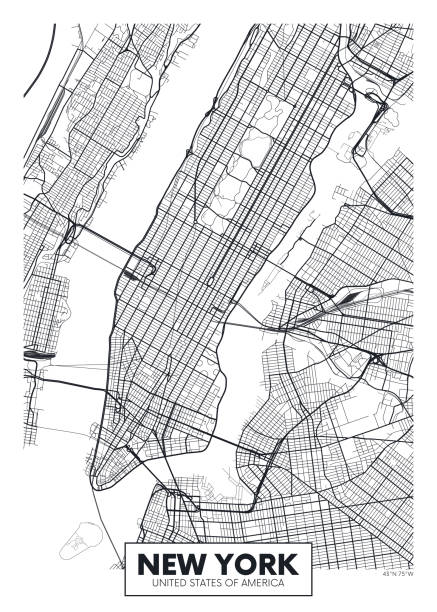 ilustraciones, imágenes clip art, dibujos animados e iconos de stock de vector cartel mapa ciudad nueva york - new york city