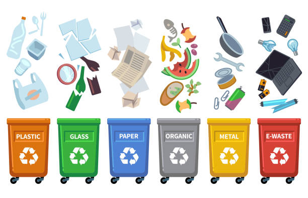 ilustraciones, imágenes clip art, dibujos animados e iconos de stock de reciclar papeleras de desecho. diferentes tipos de basura contenedores de color de clasificación desechos orgánicos papel de basura puede vidrio plástico de botella concepto de vector - recycling paper garbage landfill