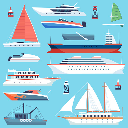 Ships boats flat. Maritime transport, ocean cruise liner ship, yacht with sail. Large sea vessels cargo barge flat vector set