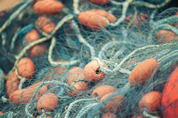 Blue fishing nets with floats.