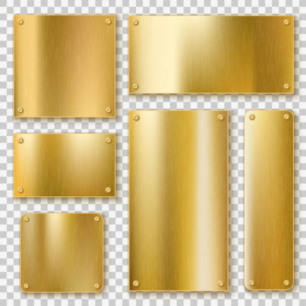 ilustrações de stock, clip art, desenhos animados e ícones de golden plates. gold metallic yellow plate, shiny bronze banner. polished textured blank label with screws realistic vector templates - nameplate