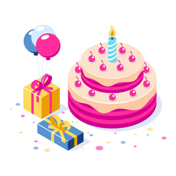 istock Happy Birthday 3d vector concept. Cake with a candle. Box with gifts and balloons. Can use for web banner, infographics, hero images. Flat isometric vector illustration. 1154953098