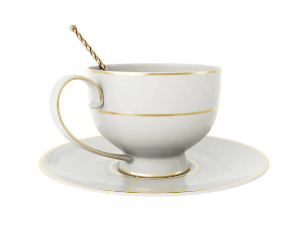 istock Antique white porcelain cup with gold, gold tea spoon on white. 3D Illustration 1154954607