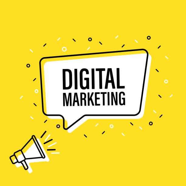 istock Male hand holding megaphone with digital marketing speech bubble. Loudspeaker. Banner for business, marketing and advertising. Vector illustration. 1154954896