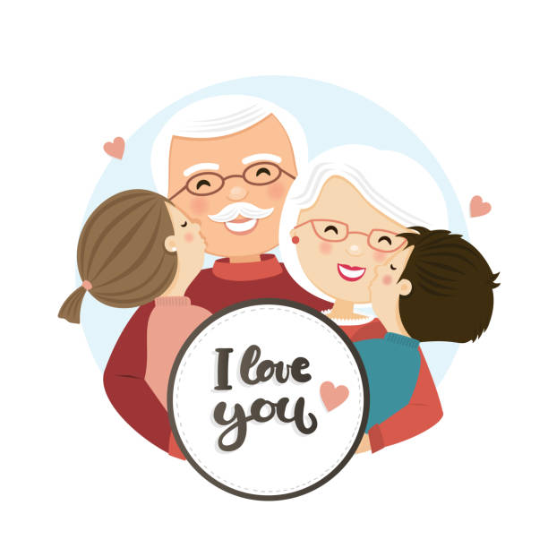 szczęśliwa scena dnia dziadków. rodzinne przytulanie - dzien babci i dziadka stock illustrations