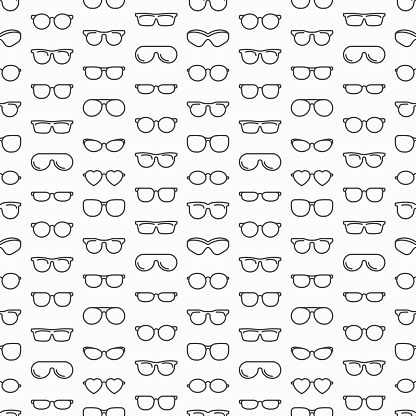 Eyeglasses seamless pattern with thin line icons: sunglasses, sport glasses, rectangular, aviator, wayfarer, round, square, cat eye, oval, extravagant, big size. Modern vector illustration.