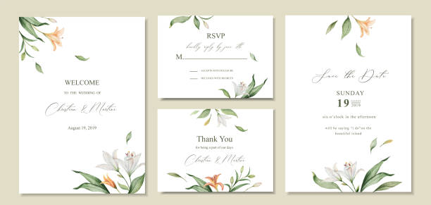 ilustrações, clipart, desenhos animados e ícones de projeto ajustado do molde do cartão do convite do casamento do vetor da aguarela com folhas e flores verdes. - wedding card