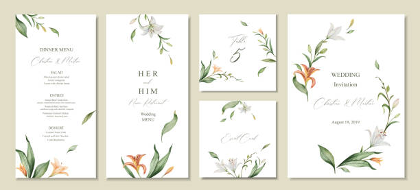 Watercolor vector set wedding invitation card template design with green leaves and flowers. Watercolor vector set wedding invitation card template design with green leaves and flowers. Illustration for cards, save the date, greeting design, floral invite, menu . floral menu card stock illustrations