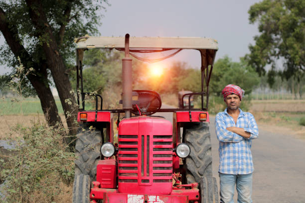 Agricultural environment with a tractor.
