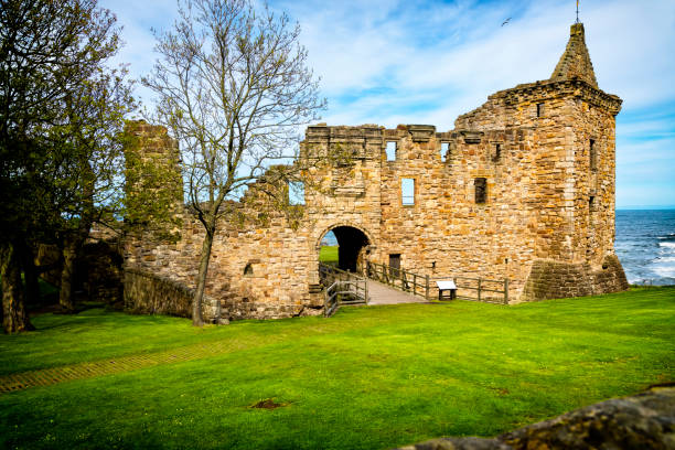 St Andrews, Scotland - May 09,2019: The ruin of the St Andrew's Castle, located on a rocky promontory in St Andrews, Fife, Scotland. The castle, dating to the 1200s, now can be visited and hosts a visitor centre with displays on its history