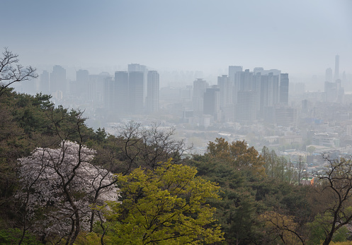 Seoul, South Korea city view from above, cityscape, smog and problems with clean air and ecology