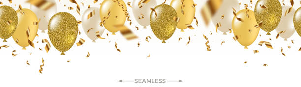 Celebratory seamless banner - white, yellow, glitter gold balloons and golden foil confetti. Vector festive illustration. Holiday design. Celebratory seamless banner - white, yellow, glitter gold balloons and golden foil confetti. Vector festive illustration. Holiday design. balloon backgrounds stock illustrations