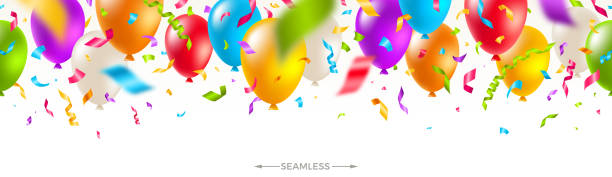 Bекторная иллюстрация Праздничный бесшовный баннер - разноцветные воздушные шары и конфетти. Векторная праздничная иллюстрация. Праздничный дизайн.
