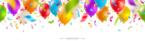 Vector illustration of Celebratory seamless banner - multicolored balloons and  confetti. Vector festive illustration. Holiday design.