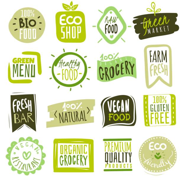 ilustraciones, imágenes clip art, dibujos animados e iconos de stock de etiquetas de alimentos orgánicos. logotipo de productos frescos de comida natural. ecología granja bio food vector de la prima verde insignias - maple leaf