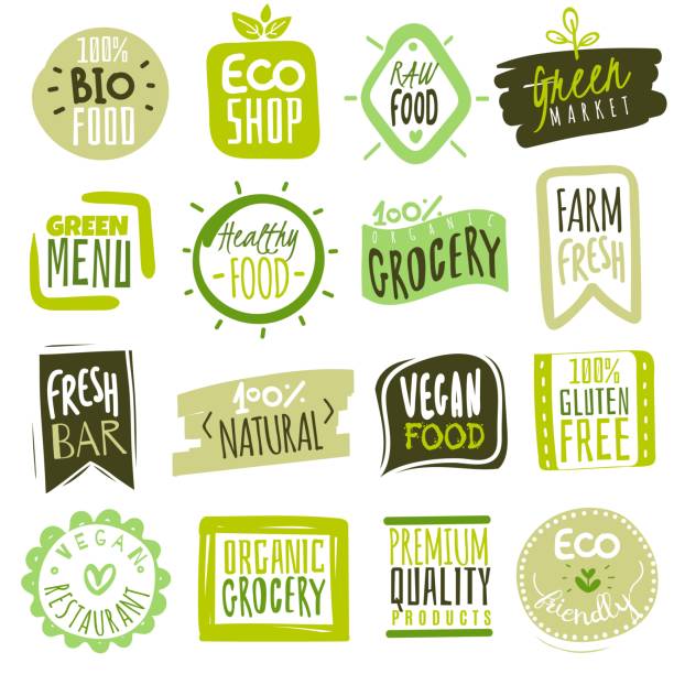 ilustrações de stock, clip art, desenhos animados e ícones de organic food labels. natural meal fresh products logo. ecology farm bio food vector green premium badges - parcel label