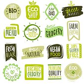 istock Organic food labels. Natural meal fresh products logo. Ecology farm bio food vector green premium badges 1154962632