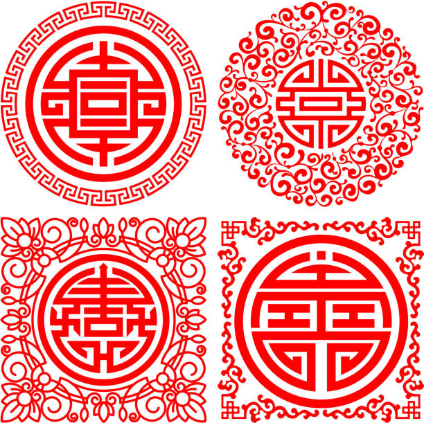 Chinese Traditional Auspicious Symbols Set Set of Chinese traditional auspicious symbols decorated by rounded and square frames with ornament. The symbols is the meaning : Good fortune, longevity, good health. Vector illustration. korean icon stock illustrations