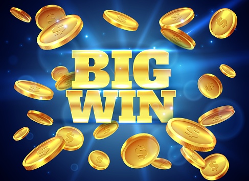Big win. Prize label with gold flying coins, winning game. Casino cash money jackpot gambling, lucky winner vector abstract background