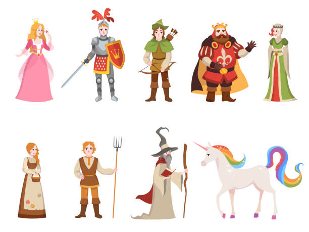 ilustrações, clipart, desenhos animados e ícones de caráteres históricos medievais. cavaleiro rei rainha príncipe princesa fada castelo real dragão cavalo bruxa conjunto de desenhos animados, coleção do vetor - dragon fantasy knight warrior