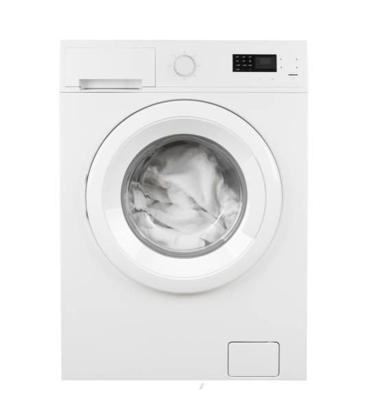 Clothes in washing machine on isolated white background Clothes in washing machine on isolated white background washing machine photos stock pictures, royalty-free photos & images