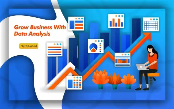Vector illustration of Illustration of Grow Business with data analysis. up arrow indicates sales and trafic. Professional accounting provide virtual bookkeeping services for all accounting service basics. Flat vector style. Can use for, landing page, template, ui, web homepage